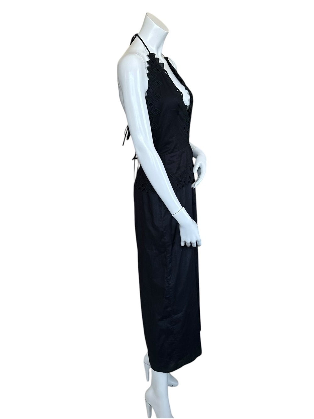 Vix “Tara” Black Plunge Neck Open Strappy Back Side Slit Cotton MIDI Dress Small - Picture 7 of 11